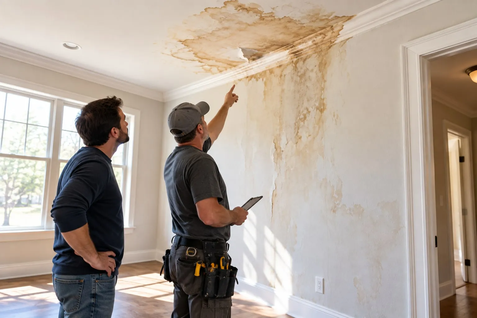 Drywall installer pointing out water damage on a stained ceiling and wall to a homeowner during an assessment