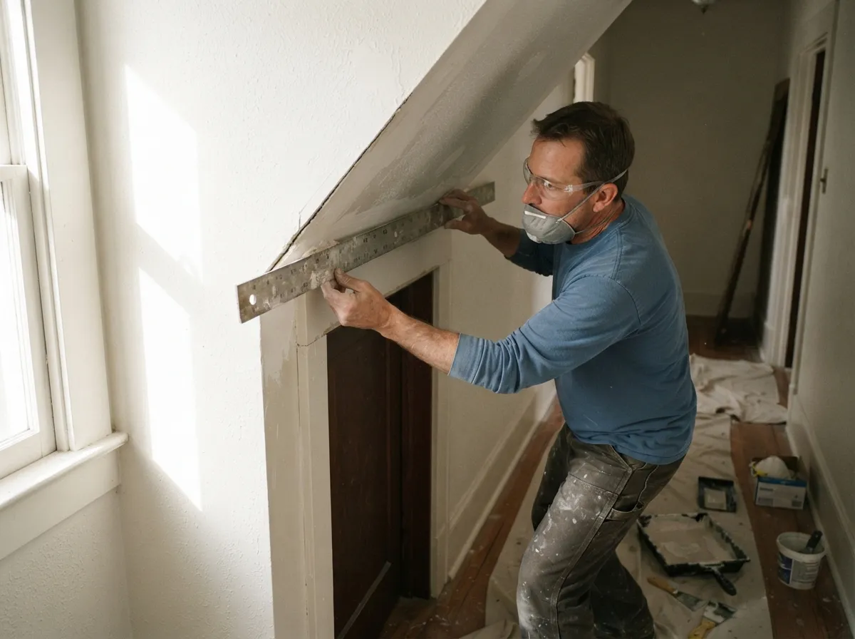 Drywall installer checking a repaired ceiling with a straightedge in an older home