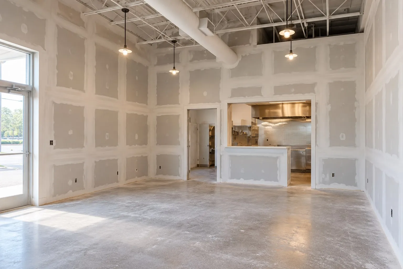 Restaurant build-out mid-job: dining room walls hung and first-coated around the kitchen pass-through