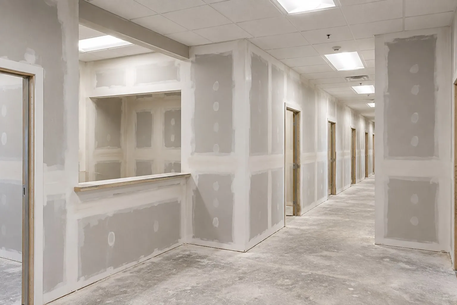 Medical office remodel mid-job: reception window and exam-room corridor hung and first-coated