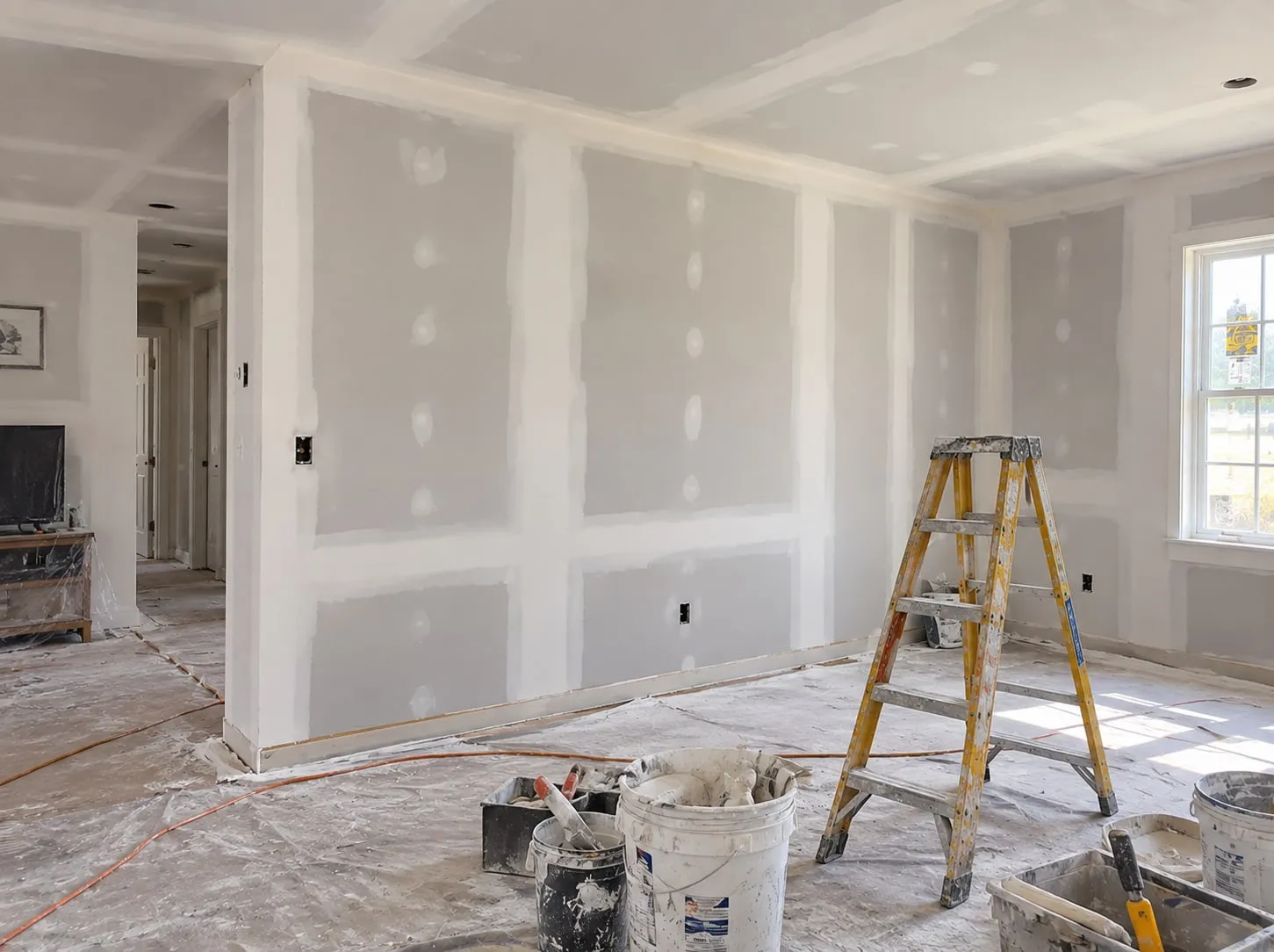 Water damage restoration mid-job: rehung walls first-coated, floors covered in plastic, ladder and mud buckets in the room