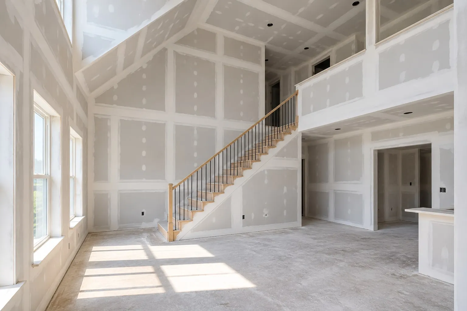 New two-story home mid-job: vaulted living room, staircase and loft hung and first-coated