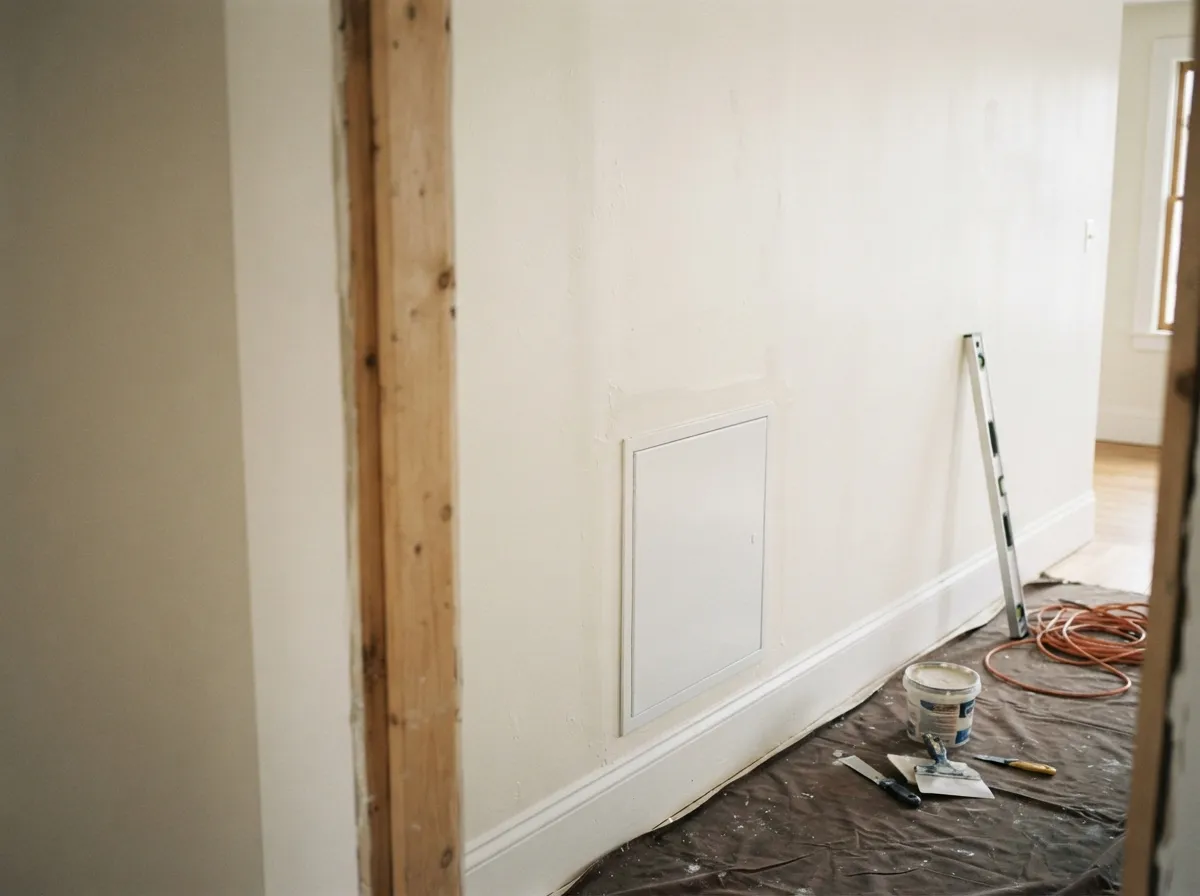 Flush white drywall access panel installed in a finished hallway wall
