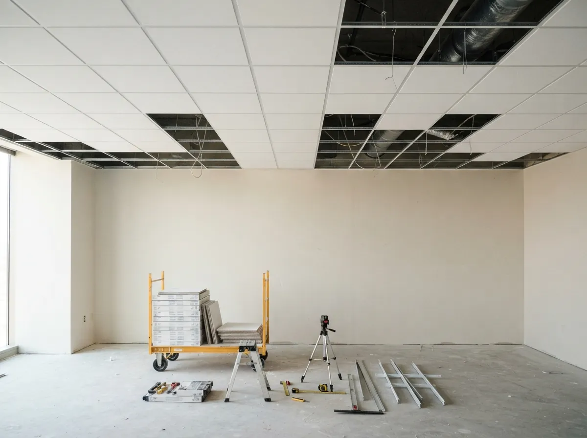 Acoustical ceiling installation with white tiles being set into a suspended grid, a tile cart below