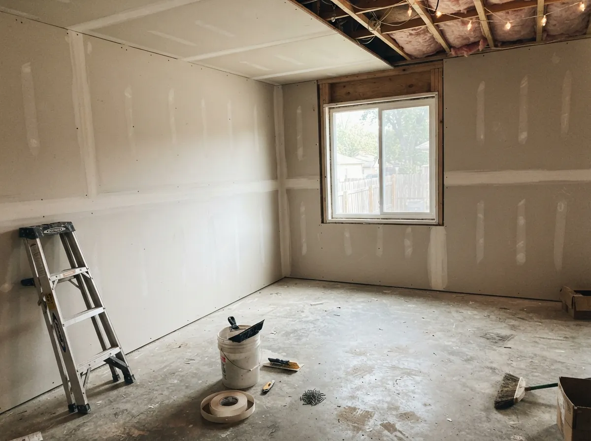 Garage conversion with new drywall hung and taped around a new window