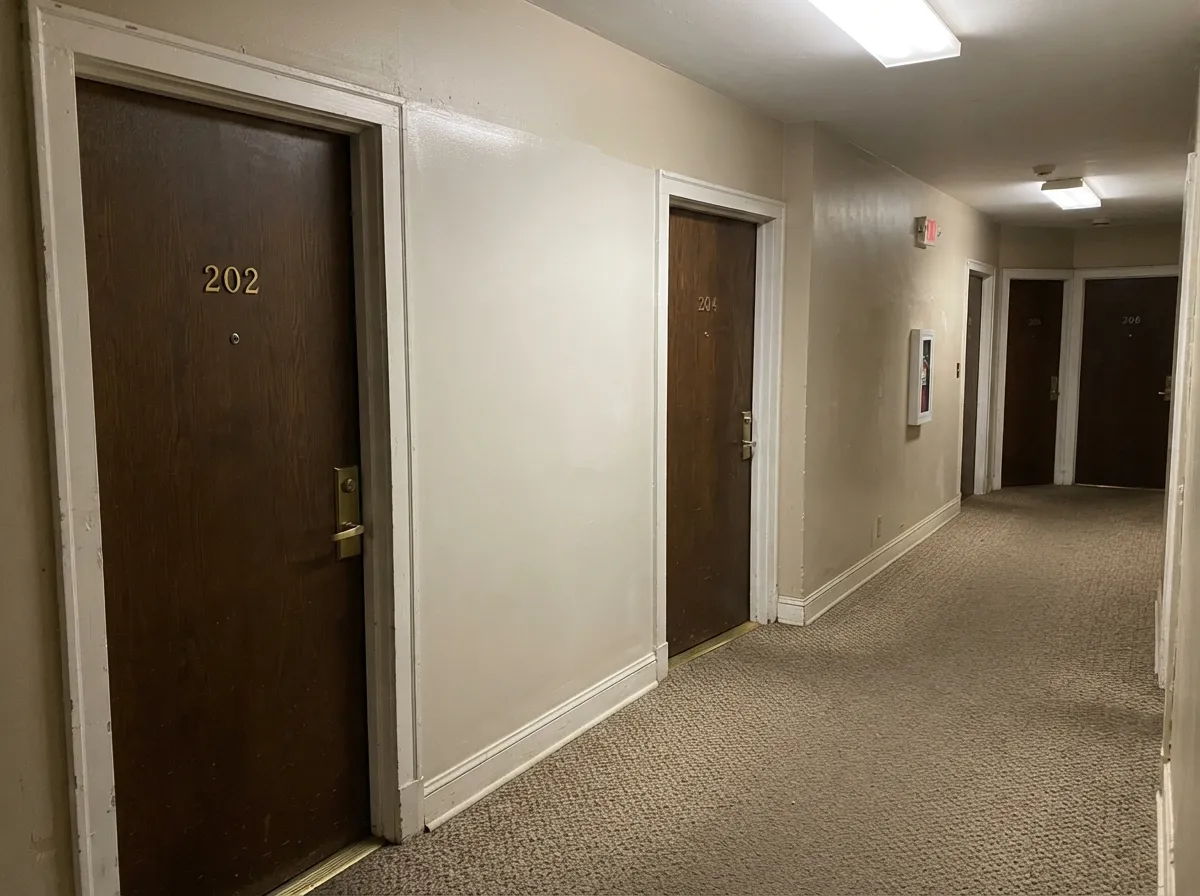 Apartment building corridor with a repaired and repainted drywall section between unit doors