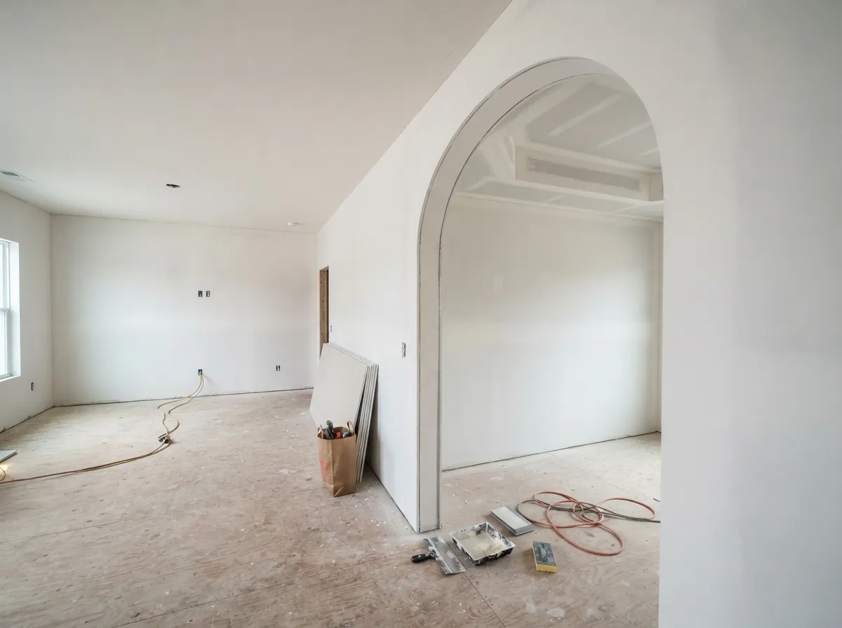 Finished drywall archway between two rooms with a tray ceiling beyond