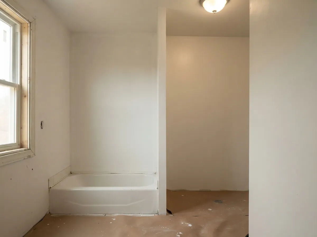 Bathroom with new drywall around the tub and alcove after moisture damage repair