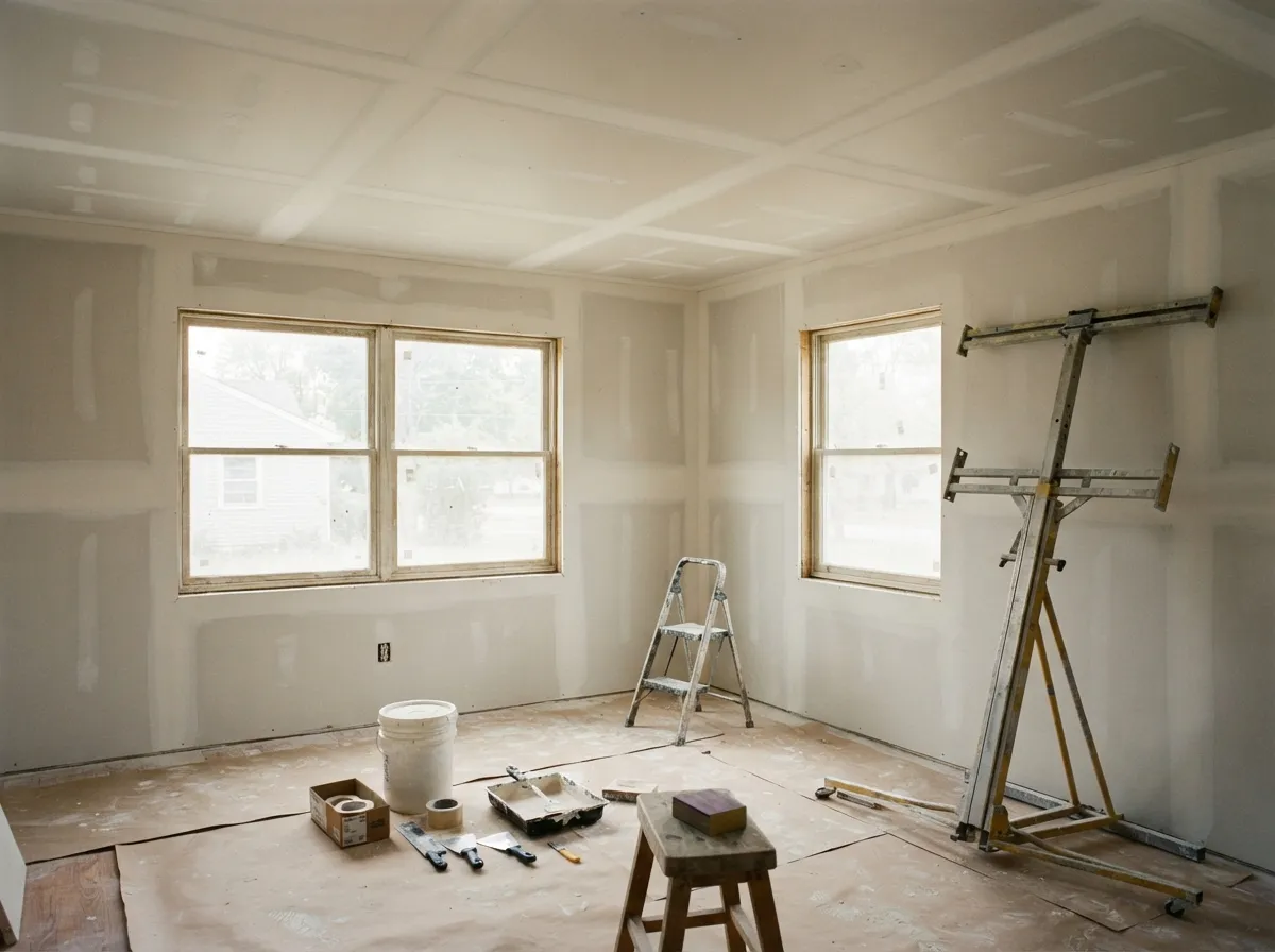 Newly hung and taped drywall ceiling with a drywall panel lift standing in the corner