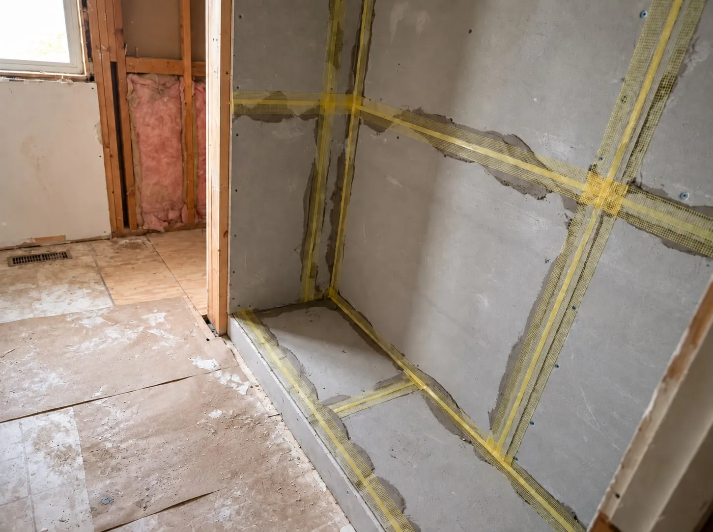 Cement board tile backer screwed around a shower and bench, seams covered with mesh tape and thinset, ready for tile