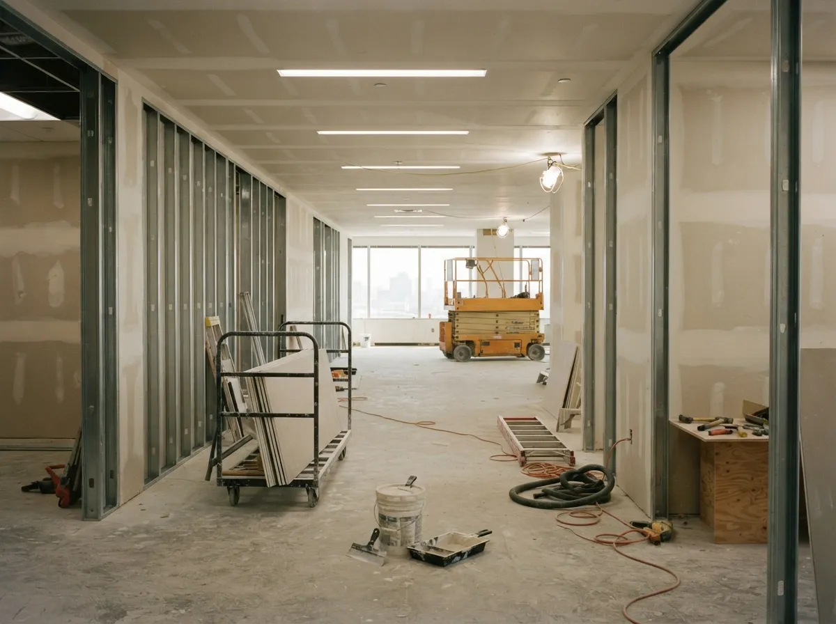 Commercial drywall installation on metal-stud partitions along an office corridor, scissor lift nearby