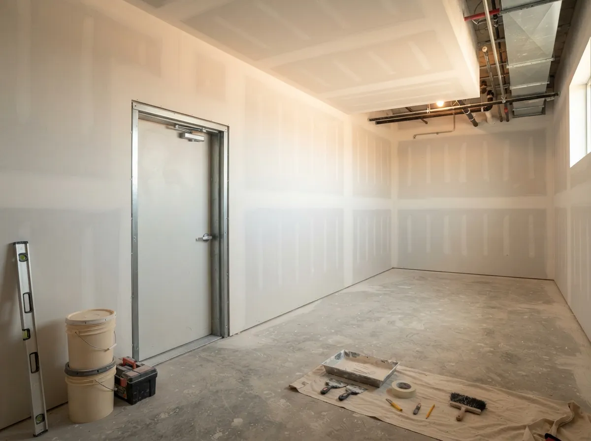 Fire-rated Type X drywall hung and taped on the walls and ceiling of a mechanical room