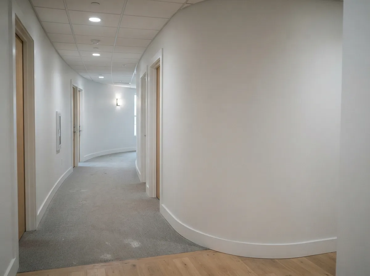Curved office corridor walls built with flexible drywall, finished with bent baseboard