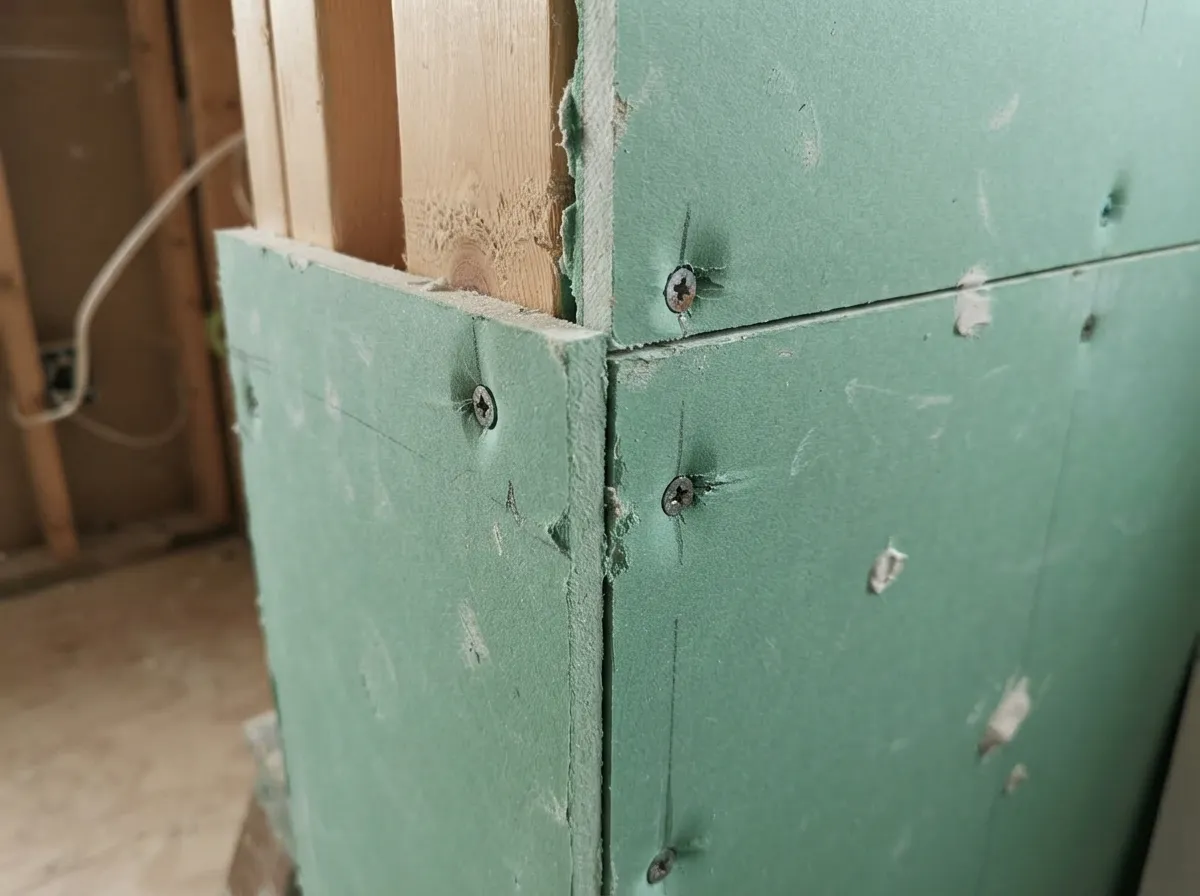 Green board moisture-resistant drywall screwed to wood framing at an outside corner