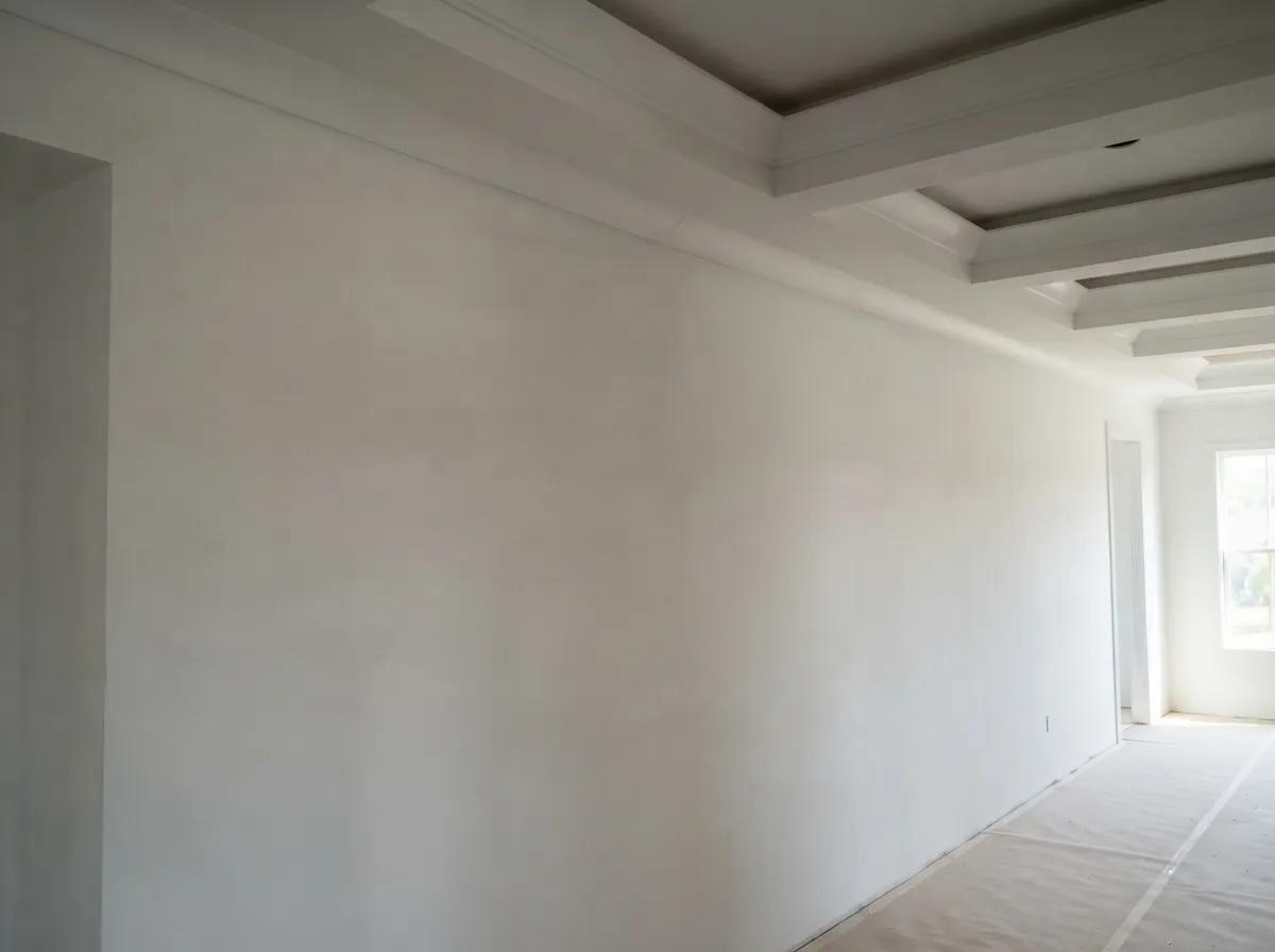 Newly installed residential drywall along a hallway with a coffered ceiling, floor protection taped down