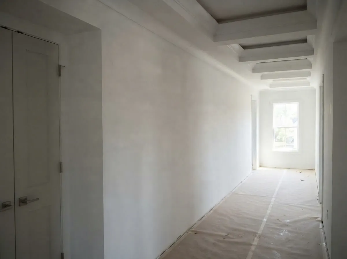 Level 5 smooth wall finish on a long hallway wall under a coffered ceiling