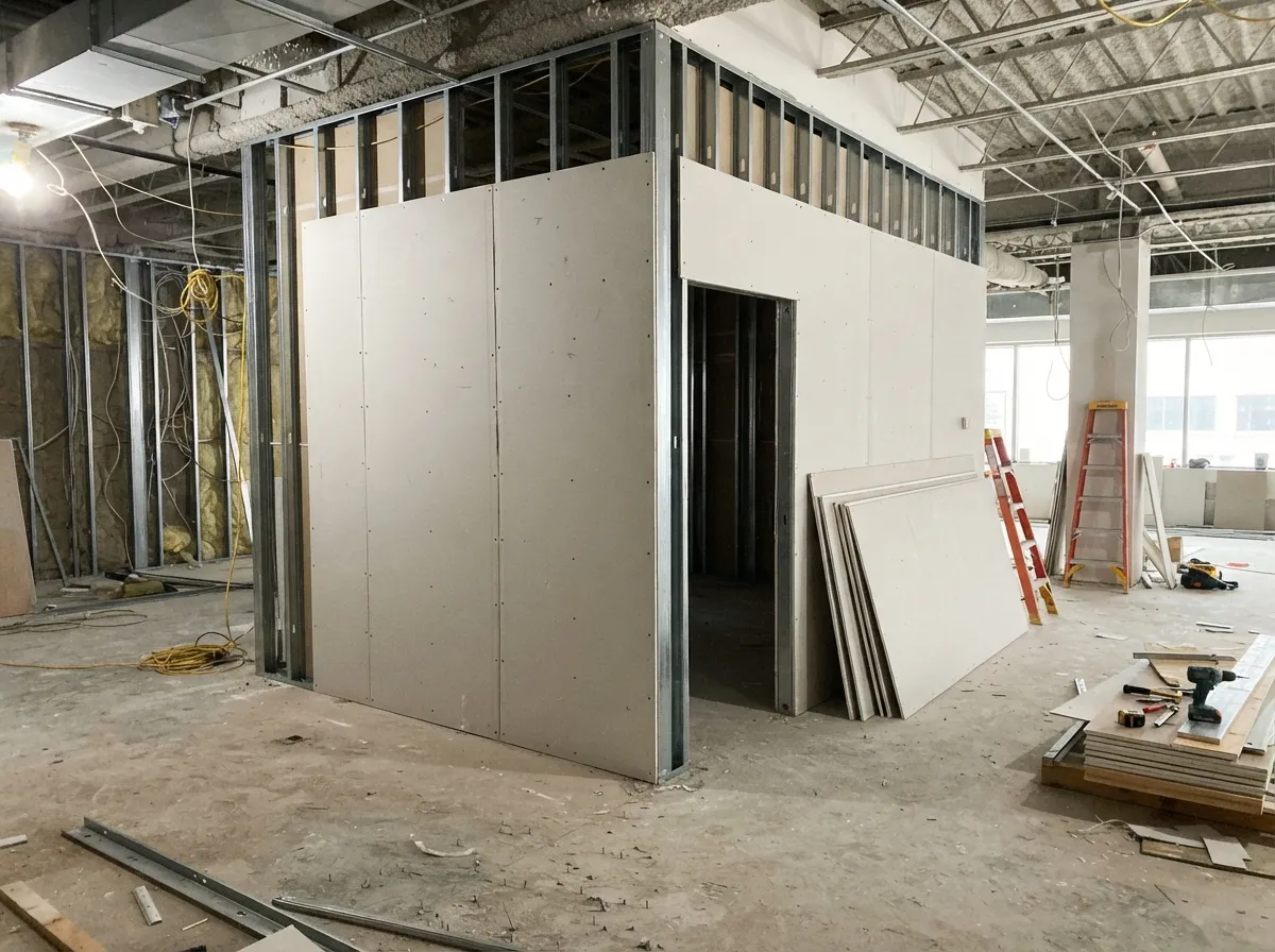 Lightweight drywall sheets going up on a metal-stud office room in an open commercial space
