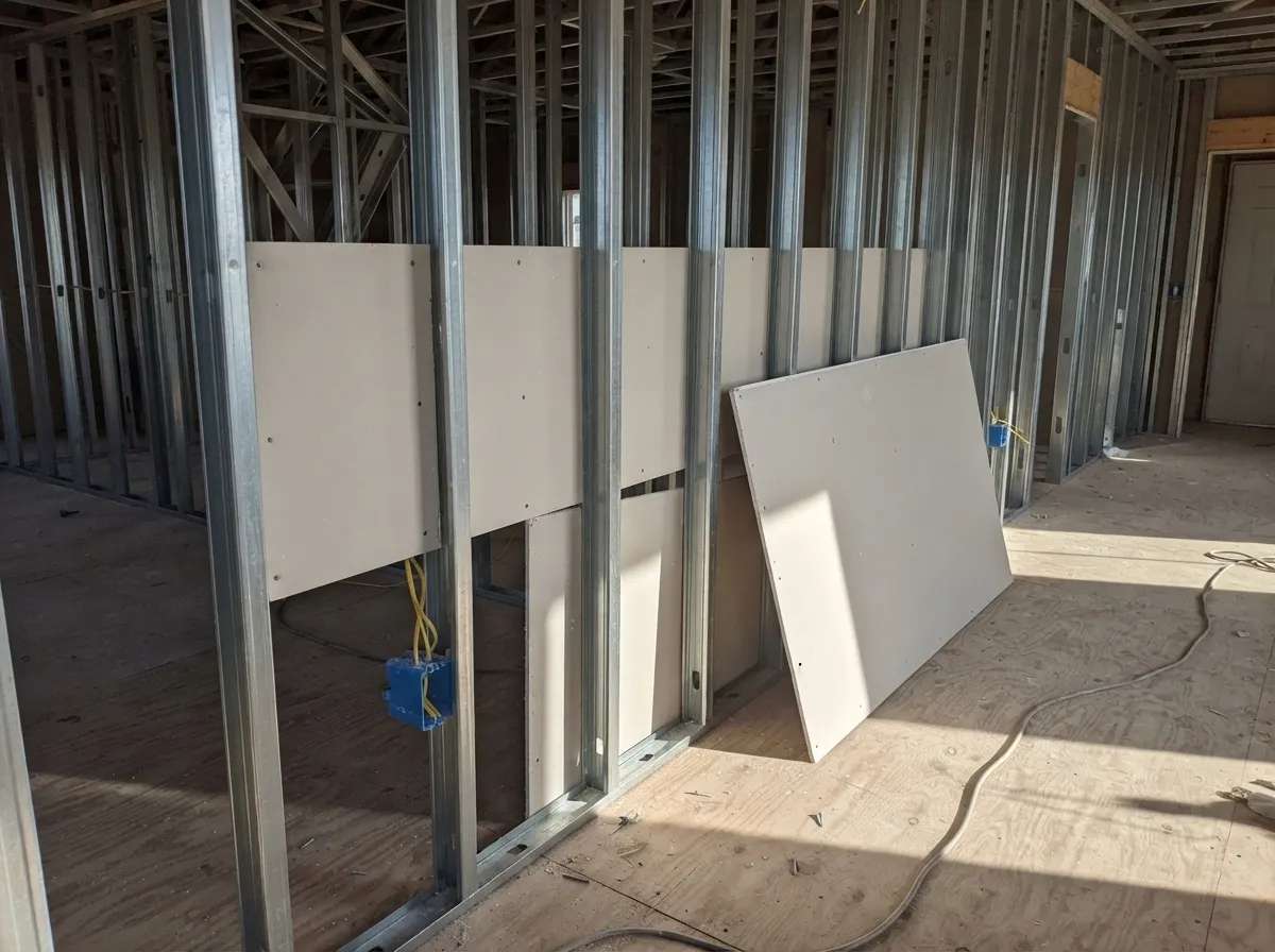Metal stud framing with the first rows of drywall screwed on and electrical boxes in place