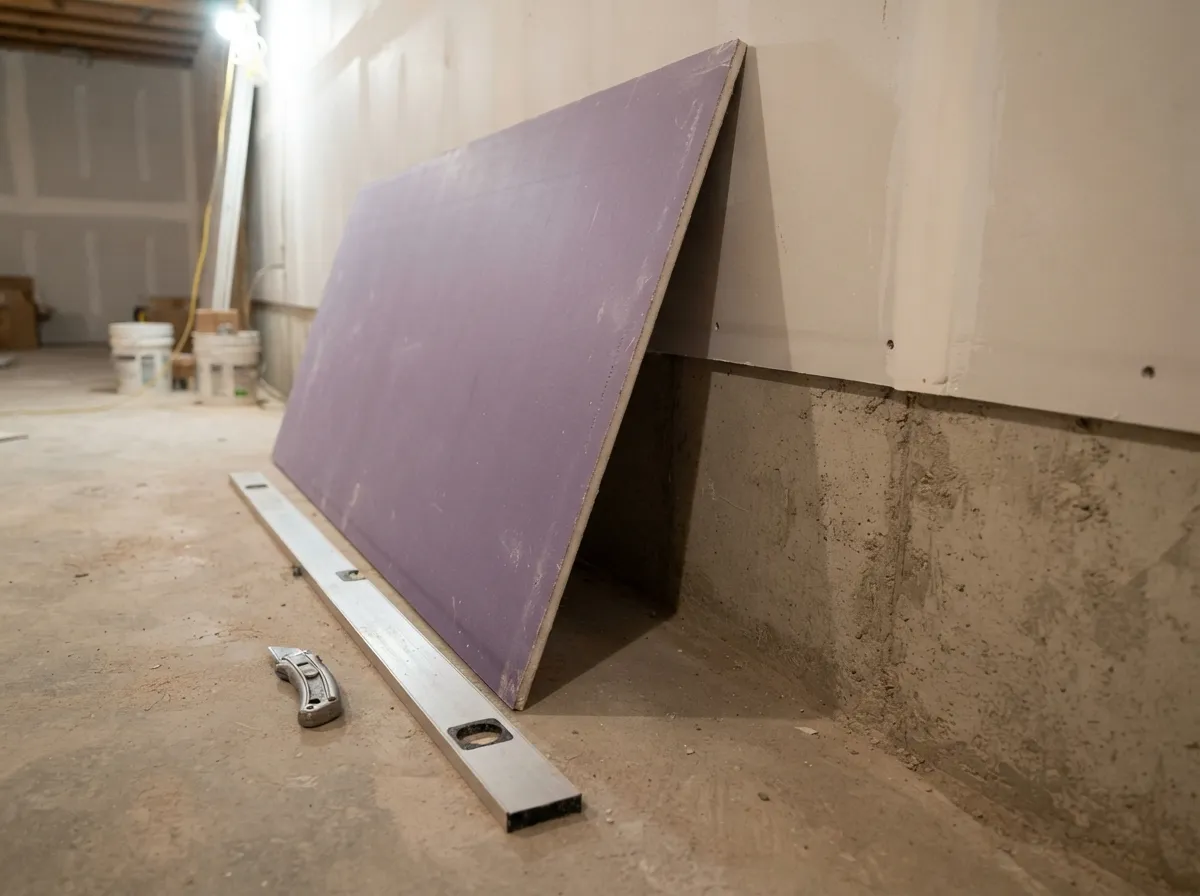 Sheet of purple mold-resistant drywall leaning against a basement wall
