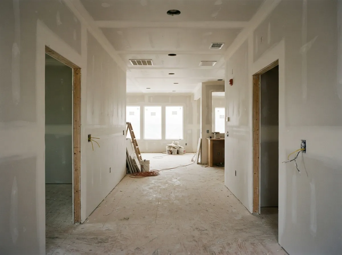 New construction drywall hung and first-coated through a corridor, with ladder and cords on the floor