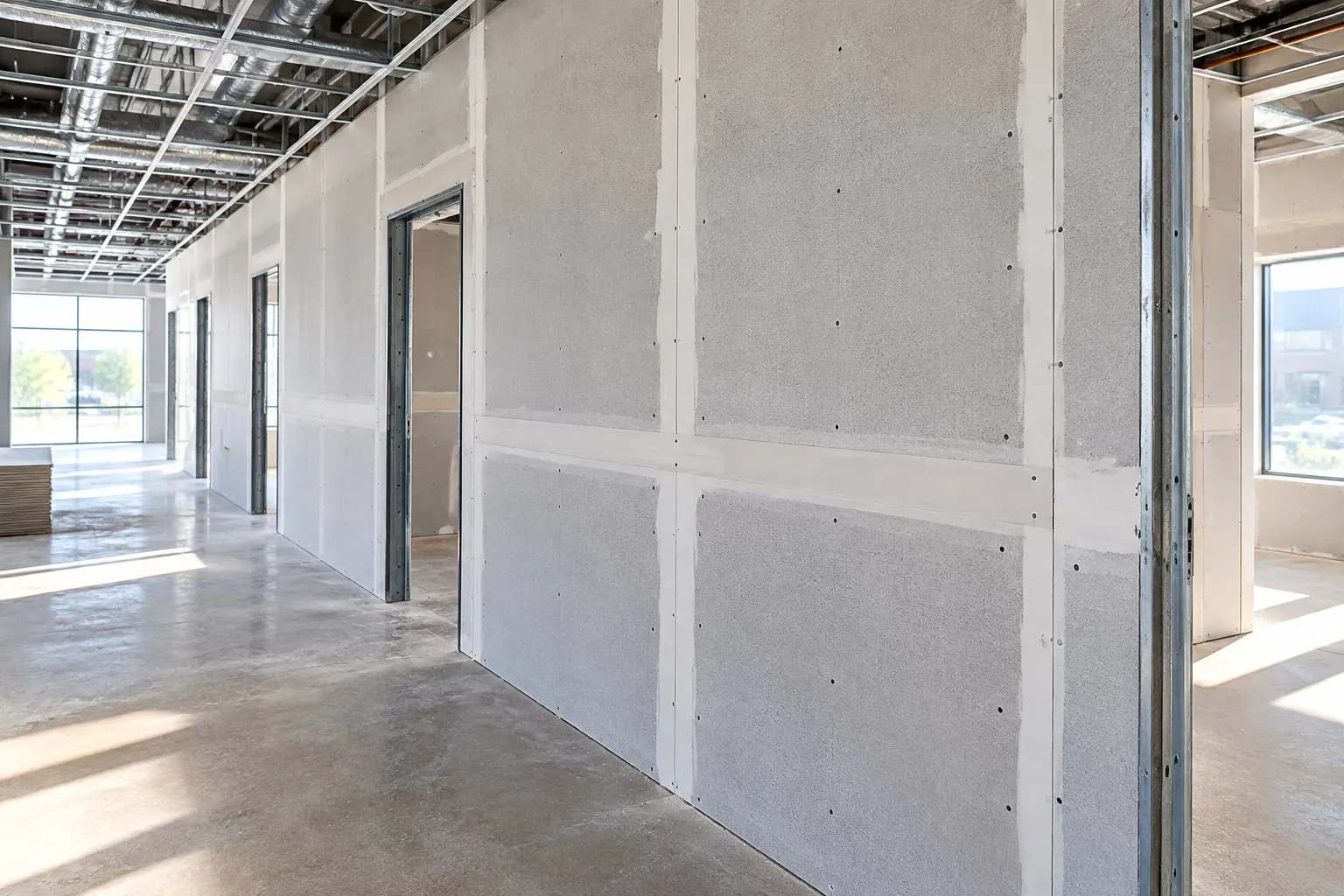 Paperless, abuse-resistant drywall hung on metal-stud partitions along a commercial corridor, seams taped