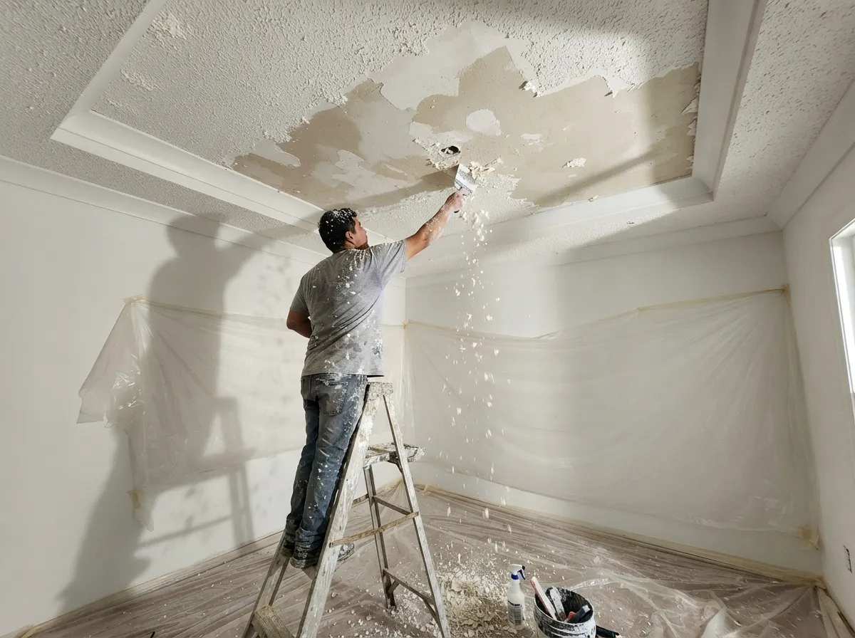 Worker on a step ladder scraping popcorn texture off a ceiling, with the room sealed in plastic sheeting