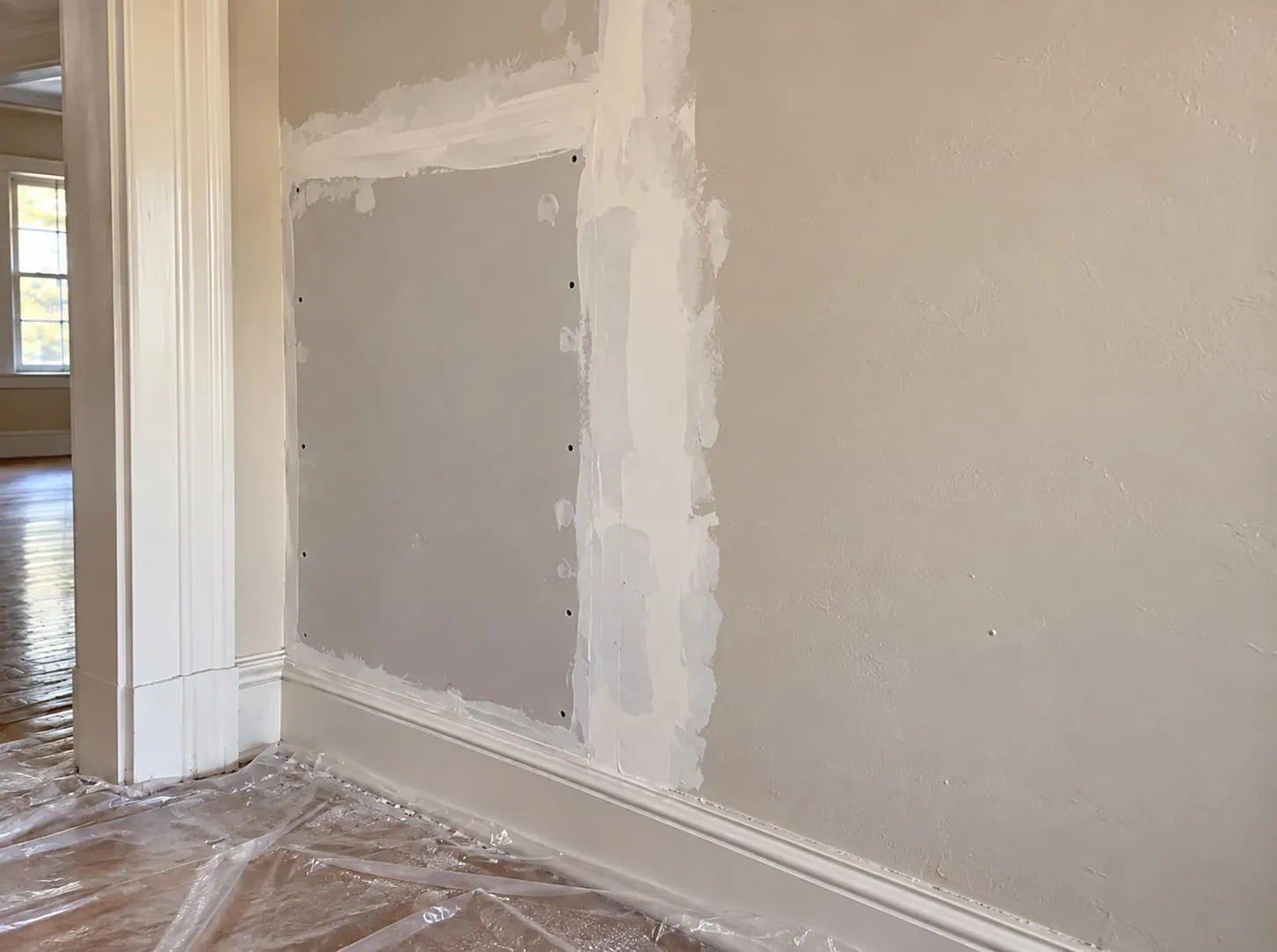 New drywall patch screwed into a wall beside a door casing, seams taped and first-coated, floor protected with plastic sheeting