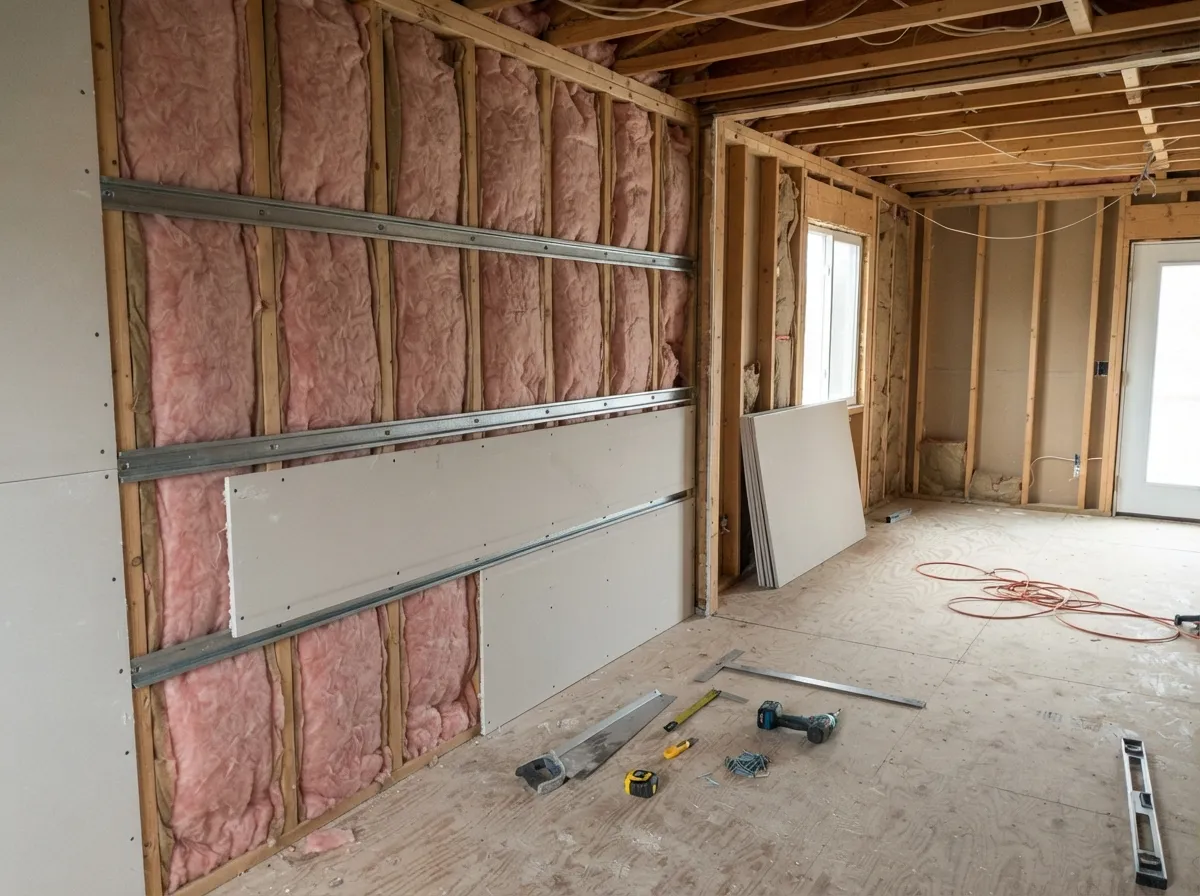 Soundproof drywall assembly with resilient channel over insulated studs