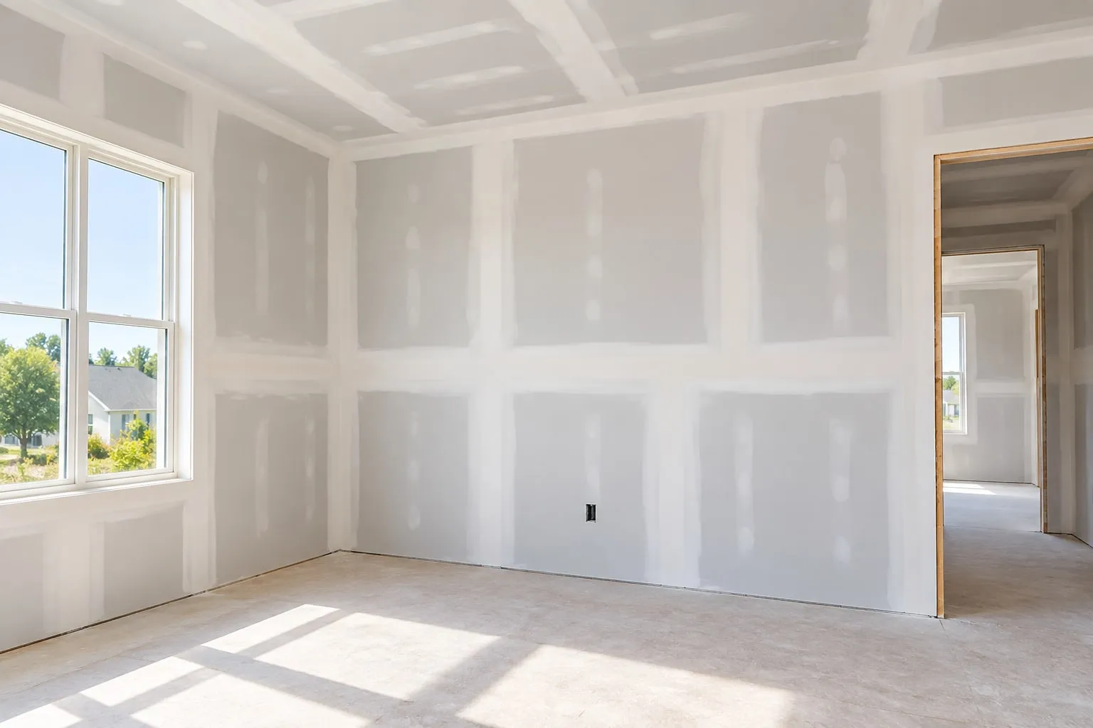 Room of newly hung drywall with every seam and screw taped and mudded, sunlight across the floor