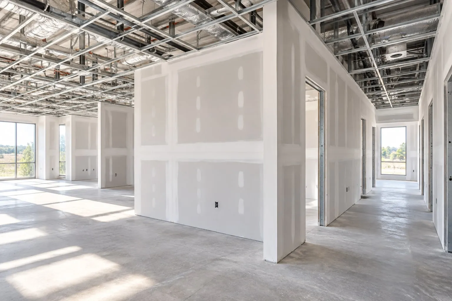 Tenant improvement build-out with new drywall suites taped and first-coated under an open ceiling grid