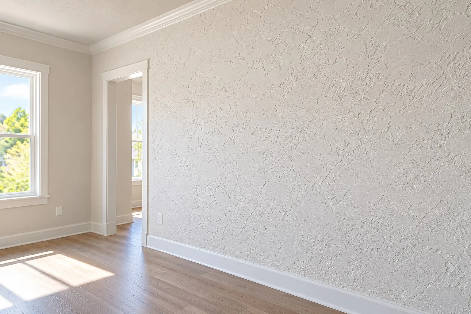 Knockdown-textured drywall wall beside a doorway in a sunlit room with wood floors