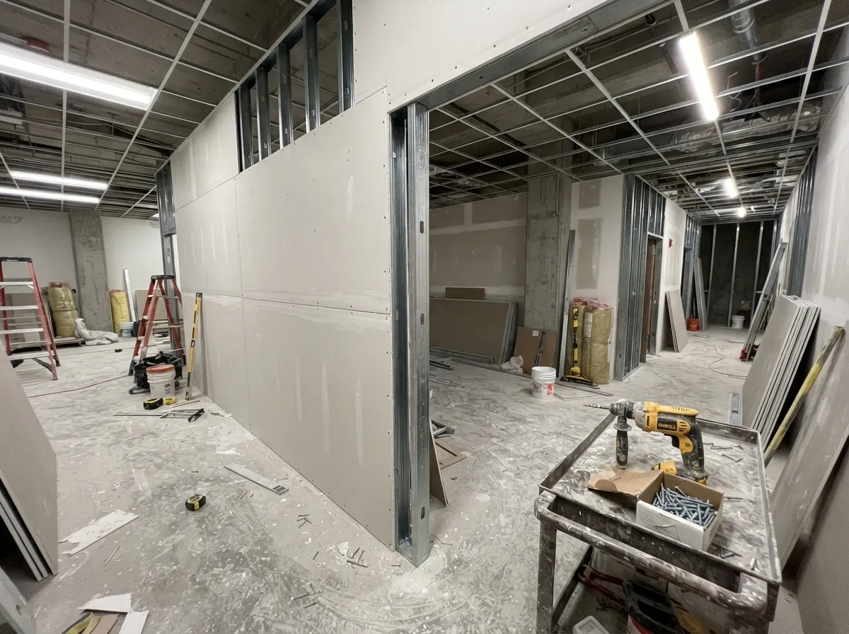 Stacks of 5/8-inch and 1/2-inch drywall beside a metal-stud partition in a commercial build-out