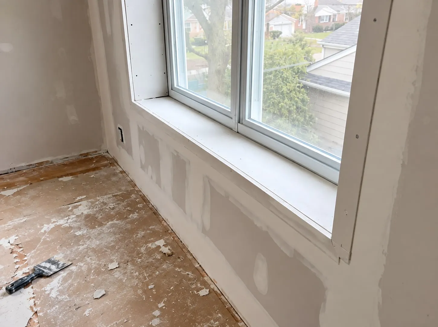 Window wrapped with drywall returns and a drywall sill, surrounding wall patched and taped, scraper and debris on the floor
