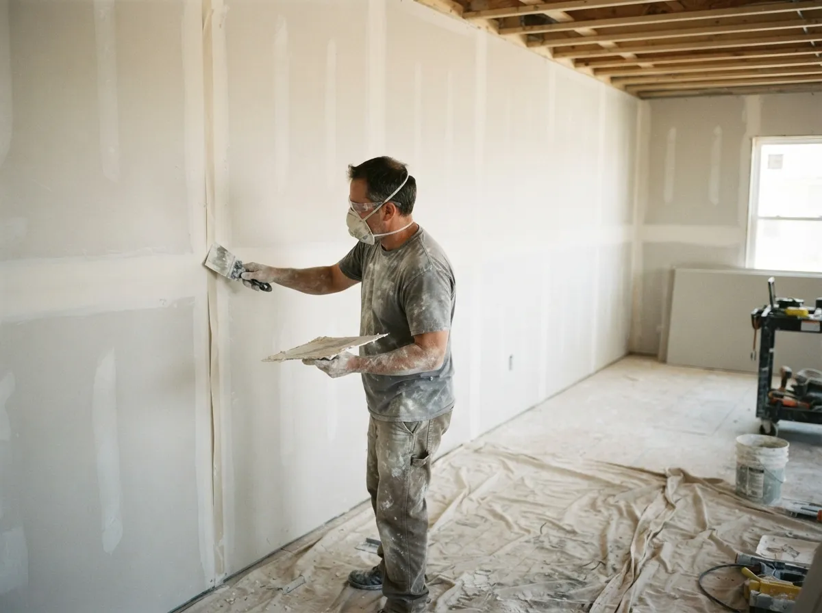 Drywall finisher in a dust mask applying joint compound to a seam on a newly hung wall